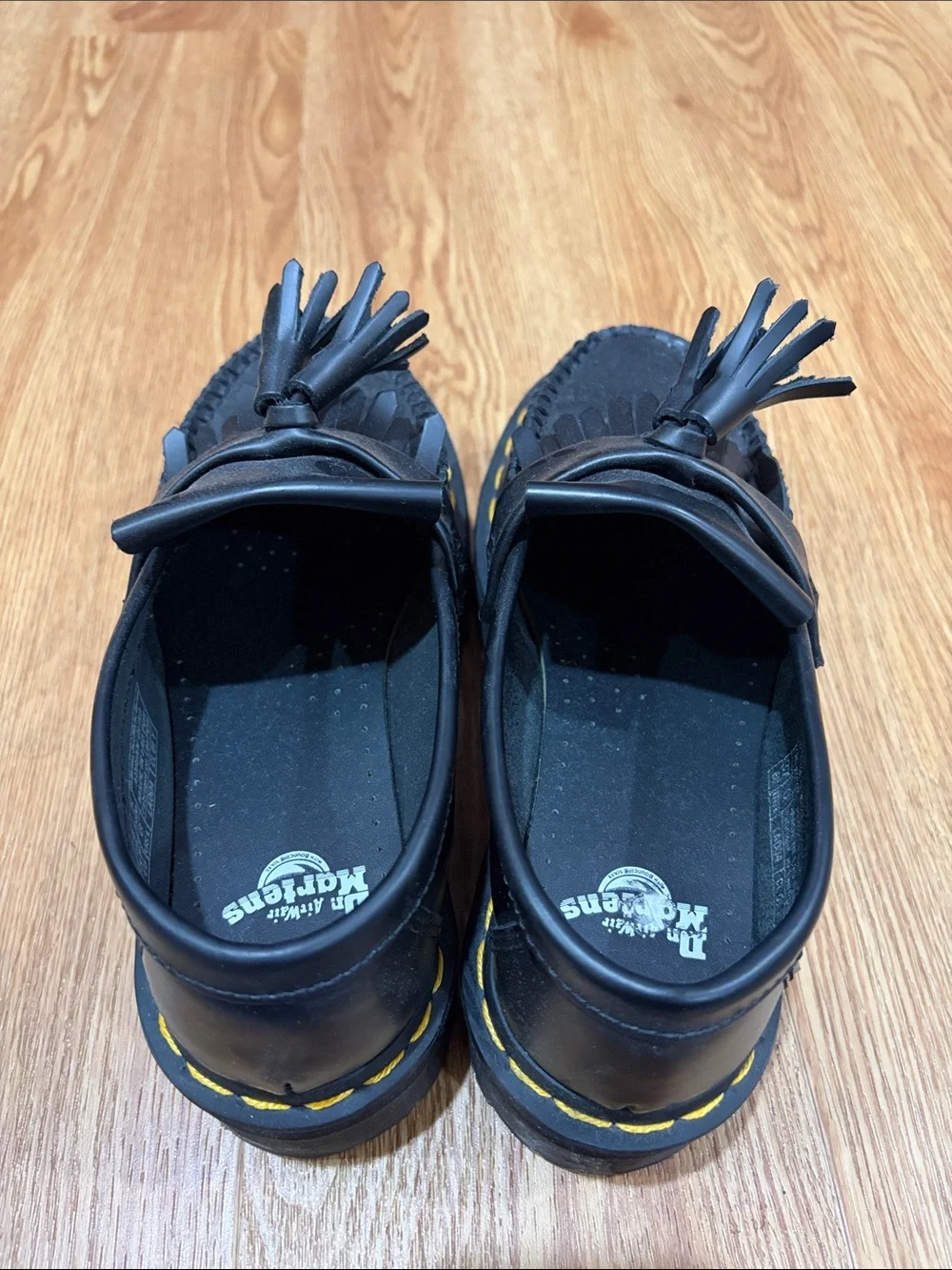 Dr. Martens Kids Black Leather Tassel Kiltie Loafers with Yellow Stitch